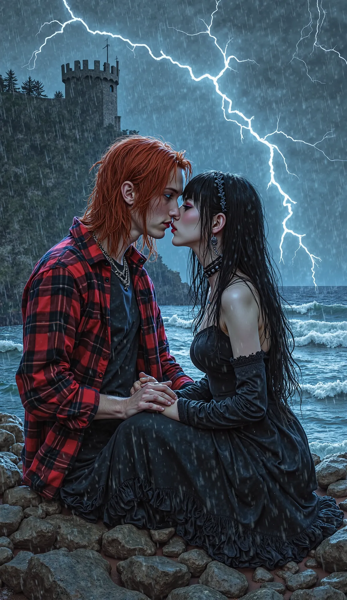 A moody, ’90s alternative-style poster for Perfect Night, set near Morro Castle on a stormy night. The artwork features a man with long red hair and piercing blue eyes, wearing a black and red flannel shirt, sitting in the rain with a very pale woman with ...