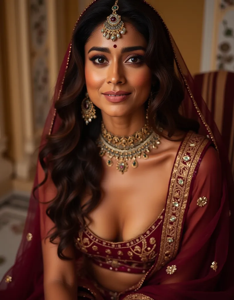 Portrait of a stunning, slim, pale Indian woman with dusky skin, captured in a palace setting, sitting on a chair. her body facing the camera, revealing deep cleavage in a transparent blouse, no expression face, while her face is directed toward the viewer...