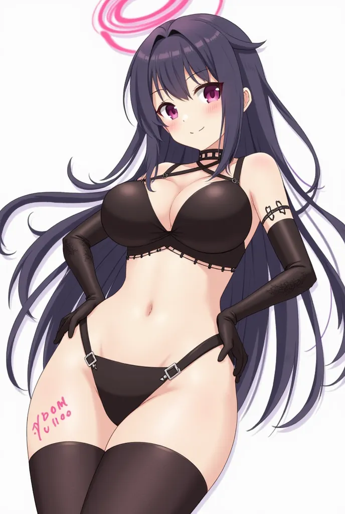 1girl black_gloves black_hair black_thighhighs breasts chinese_commentary cleavage commentary covered_erect_nipples elbow_gloves female_focus gloves halo high_school_dxd highres large_breasts leg_tattoo legs long_hair navel pink_eyes purple_eyes raynare sm...