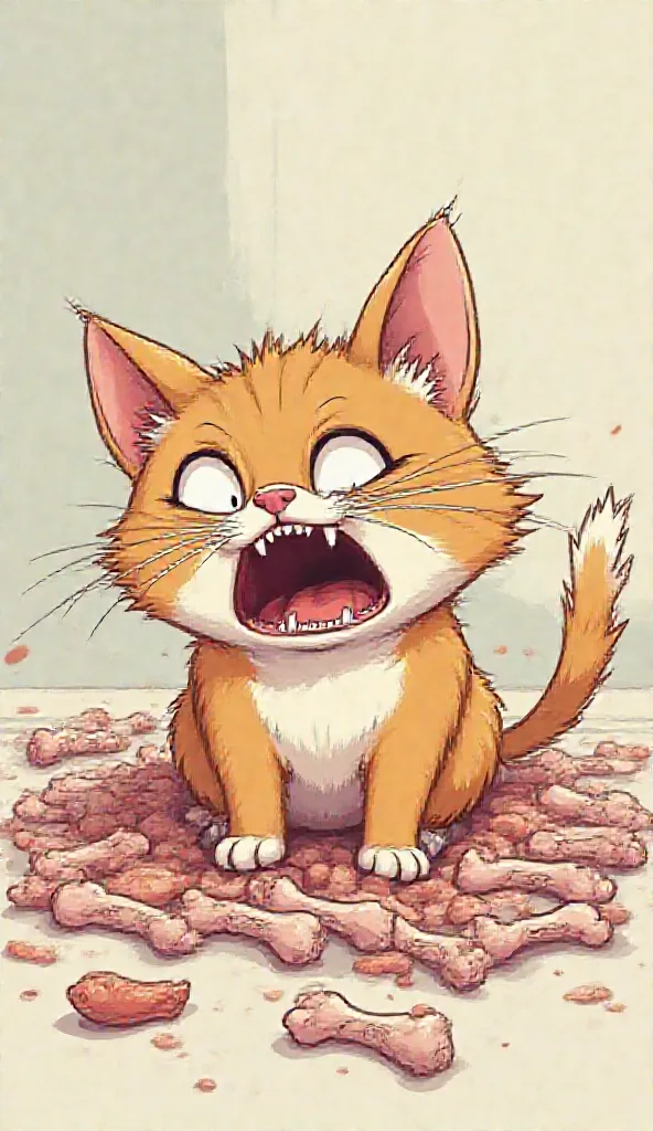 cartoon of a cat with chicken bones and fish bones, suffering from suffocation