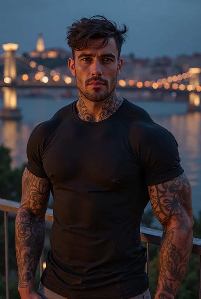 photorealistic bikini. very very musculoso (very, very, very musculoso) 18-year-old boy with frizzy hair, Em uma pose casual, wearing a short sleeve black compression shirt, and lots of tattoos on arms and neck. sitting on a terrace on an avenue in Lisbon ...