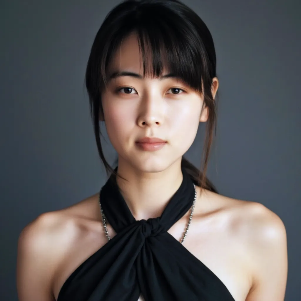 Medium full shot of a beautiful Japanese girl ,  wearing a black halter neck dress,  grey background, studio lighting, necklaces, DSLR, soft lighting, high quality, Film Grain, light reflection,  blood vessels, pale skin, skin pores, blood vessels in scler...