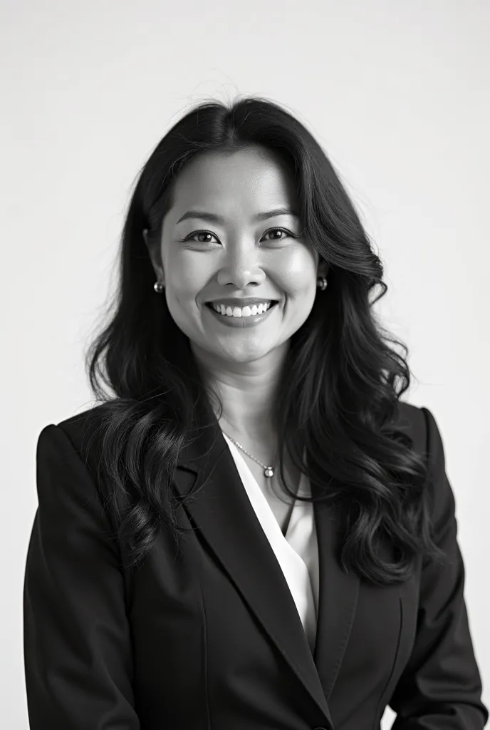 A business woman wearing formal attire, a headshot photo with plain background, some are black and white, also make it realistic and detailed. She is a Filipina with long hair and chubby chics