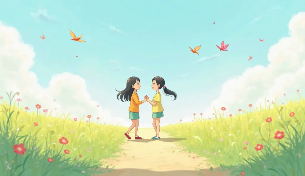 
Scenario:  outdoor, in a field with few flowers and a path passing through the middle of the field


2. main character: two ren smiling at one with their right hand holding the left hand of the other, and the hands with the fingers open upwards expressing...