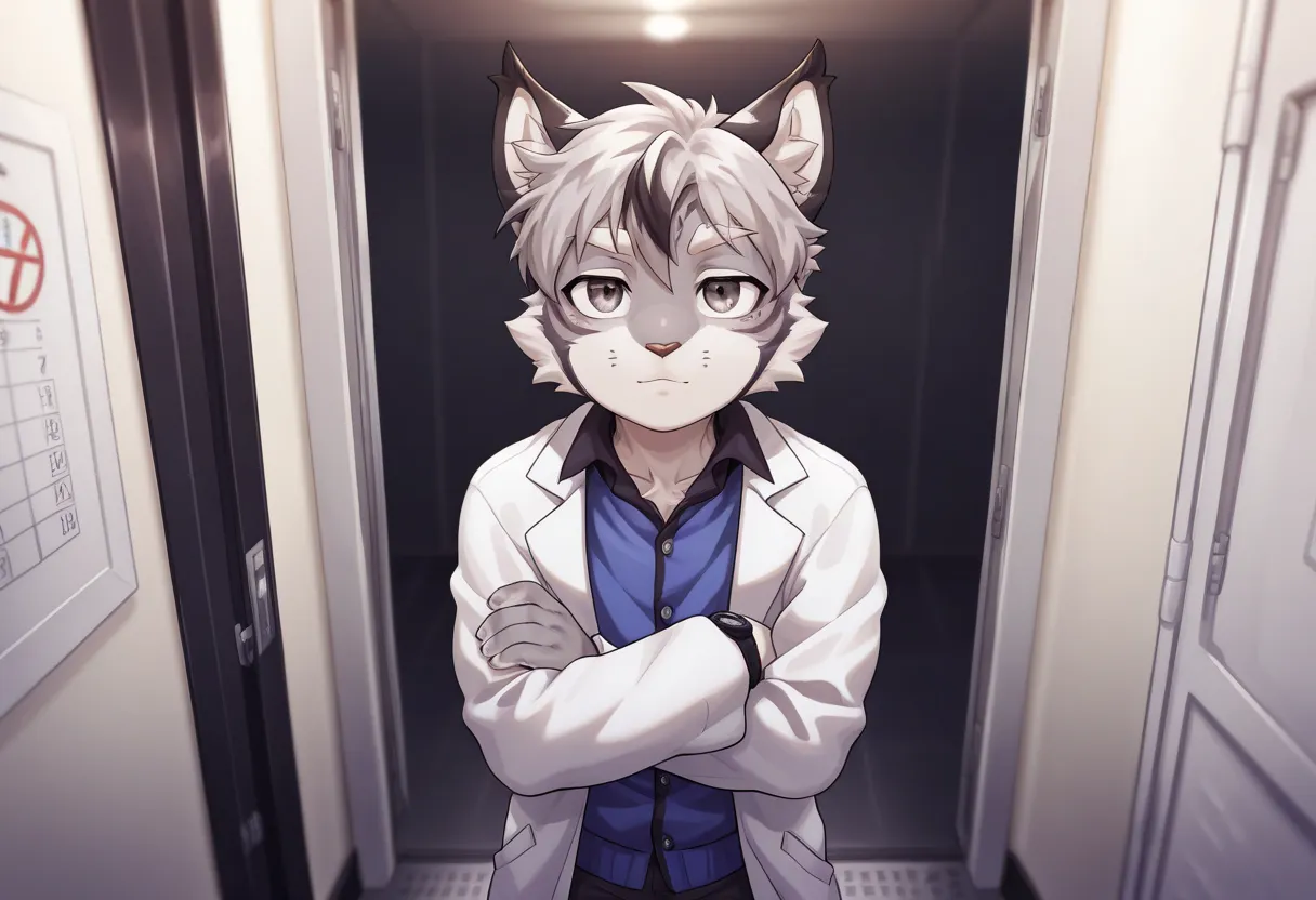 solo, 1boy, (gray fur:1.3), lynx, cat face, (young:1.3), shota, white eyebrows, lab coat, close-up, calm expression, (standing with crossed arms), in Band Rehearsal Room, score_9, score_8_up, score_7_up