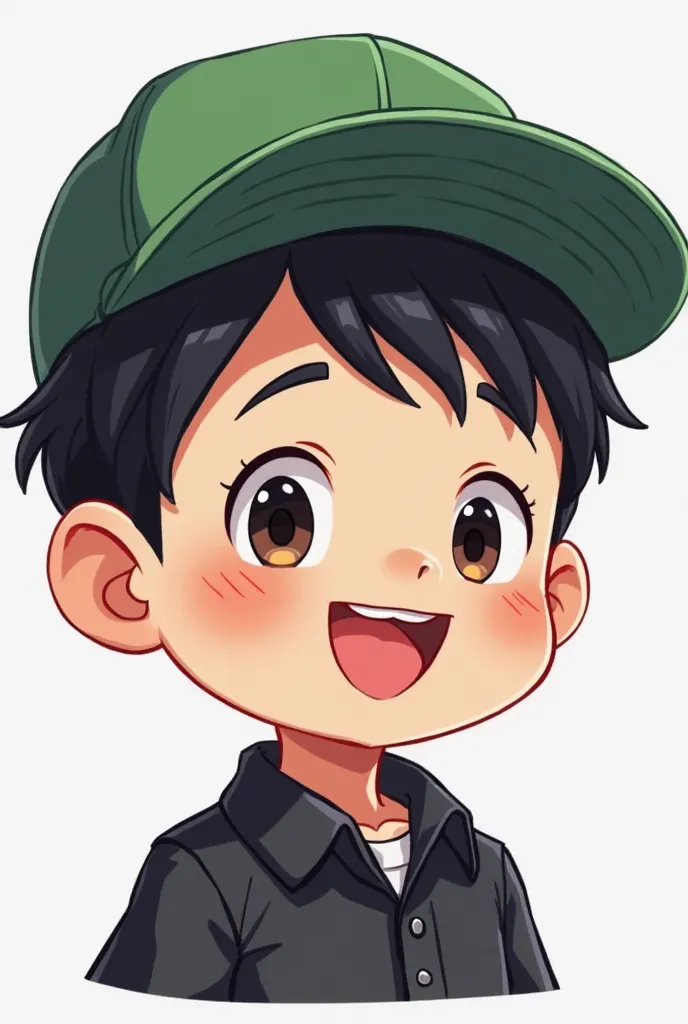 Masterpiece, anime style, chibi, illustrated logo, short mid shot Emote for twich of a boy , with green cap, black fashion polo shirt,black hair, Smiling, with a lot of jowls