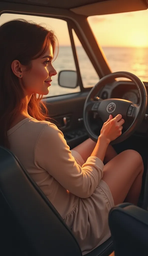 picture of a car driver's seat,Narane no Naru Naru、woman、man holding the steering wheel with one hand、反対側には席にすわるwoman、片手をwomanのてをにぎる、Ushirozusarisugata
