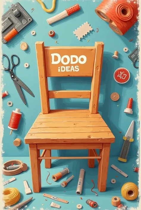 Make me a cover for a YouTube channel called Dodo Ideas and put in the cover a chair for the house, thread, scissors, glue, and tools used to make household things and recycling Write the name of the channel on the cover and make the cover rectangular with...