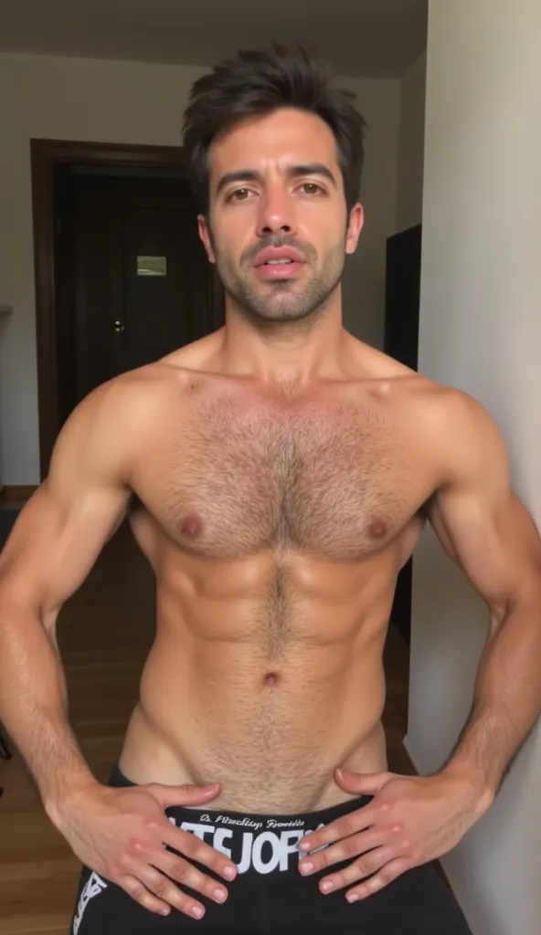 diego leon, Shirtless, showing his well-defined muscular torso.  Her skin has a natural glow , highlighting the details of his abdomen and pectorals. Model pose with a charismatic and confident expression, It can be seen in full body. Unique setting inspir...