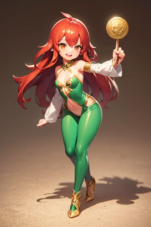 1girl, 2arms, 2legs, 4fingers and 1thumb on each hand, 1hand on each arm, 1arm on each shoulder, 1foot on each leg, full body view, cheerful miniature lady, long red hair, brown eyes, green spandex, walking around stakes of a giant gold coins