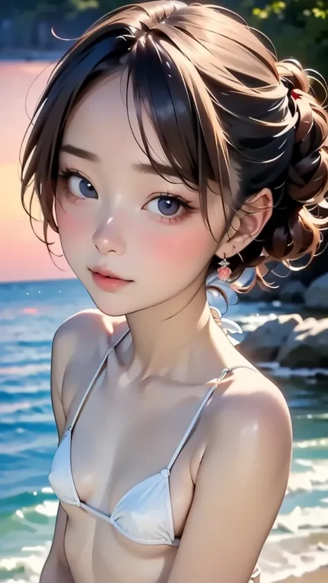 one girl, (18years old:1.4),(Very Young Face:1.8), (japan Person famous idol), face, cute face, ash gray hair:1.5, bob hair, short hair, camera's line of sight, small breasts, An ennui look, (Extremely small white micro bikini style:1.4) , particles of lig...