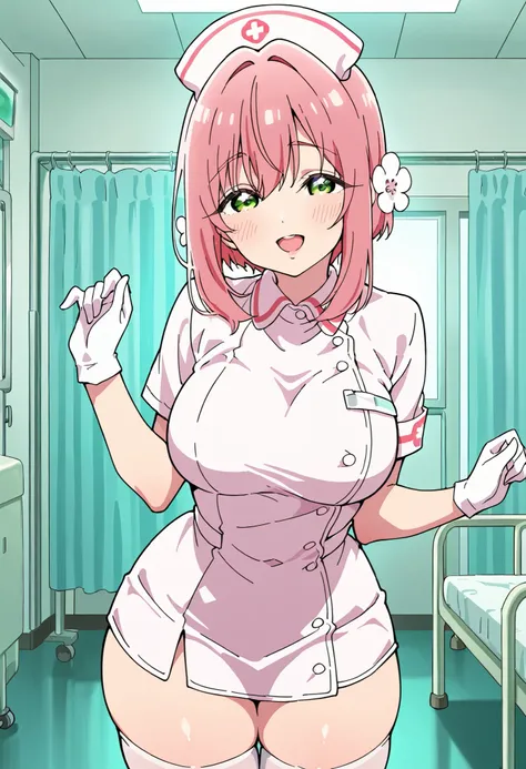 Score_9, score_8_up, score_7_up, source_anime, Hakari Hanazono, solo, pink hair, green eyes, hair ornament, hair flower, short hair, large breasts, thick thighs, (best quality), (high quality), {masterpiece}, extremely delicate and beautiful, ultra-detaile...