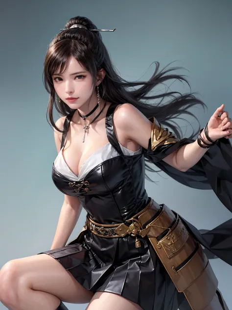 (Masterpiece :1.2, best quality ), beautiful illustrations , (natural side lighting, movie lighting),(((Pleated Skirts, a woman wearing black armor and a black cloak))), A woman not wearing a hat,1 person,long hair,asymmetrical bangs,Cleavage , Thin Waist ...