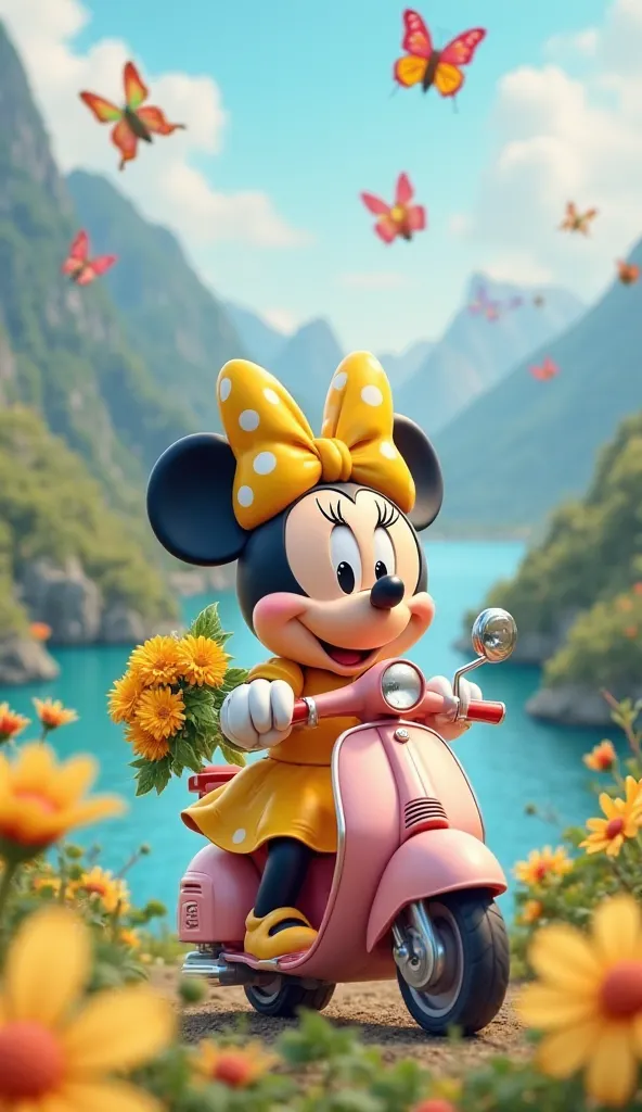 cute figure of Minnie Mouse on a scooter. Minnie is wearing a yellow dress and holding a bouquet of yellow flowers. In the background you can see a picturesque landscape with mountains, river and blooming flowers. Colorful butterflies float in the sky. The...