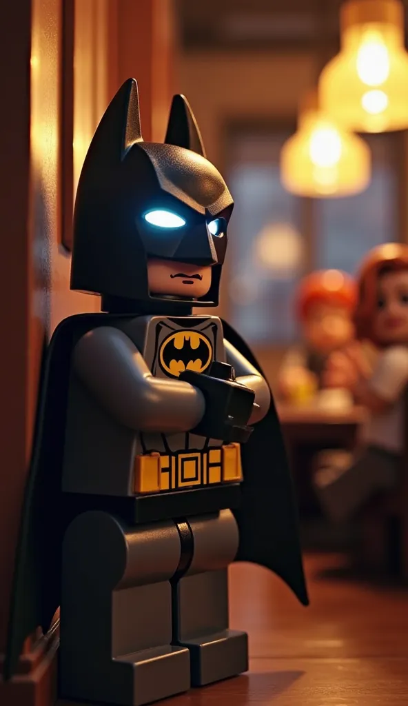 A LEGO Batman minifigure is hidden in a dark corner of the LEGO, watching with a serious look. he has his arms crossed, its black cover is slightly raised as if it were about to dramatically disappear. The background has an animated restaurant with other L...