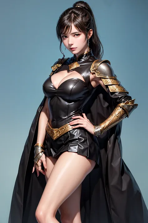 ((((woman in black armor and cloak,Pleated Skirts)))),1 woman,is standing with her hands on her hips,3/4 shots,Cleavage ,highly detailed face and skin textures,looks at the camera, perfect beauty : 1.4, fine grain,Double eyelids, Whitening,perfect face,  c...