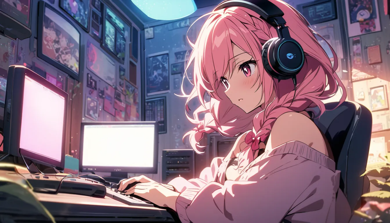 An anime beautiful adult girl with pink braided hair listening to some lofi with headphones while playing a game on her PC computer with the monitors in view. The theme of the room should be chess and also a nice cozy style atmosphere; a nice vibe.