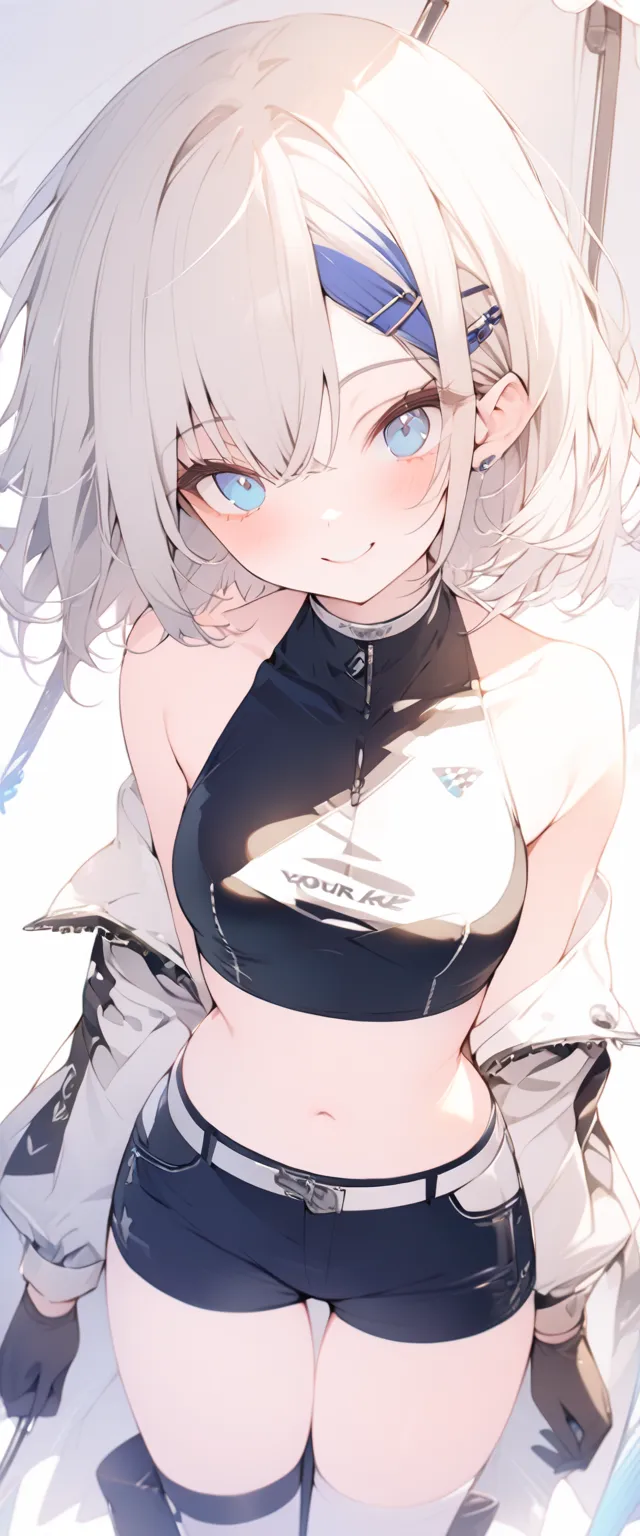 beautiful, masterpiece, Highest quality, anime, One girl, C Cup,Portrait Shot, View your viewers, Intricate details,>,((Covered、Short Hair、nearby、Blue Eyes、art、、White hair,Blue streaked hair、wallpaper、、hairpin、smile、Thighs、navel、Plainer_Race Queen、Plainer_...