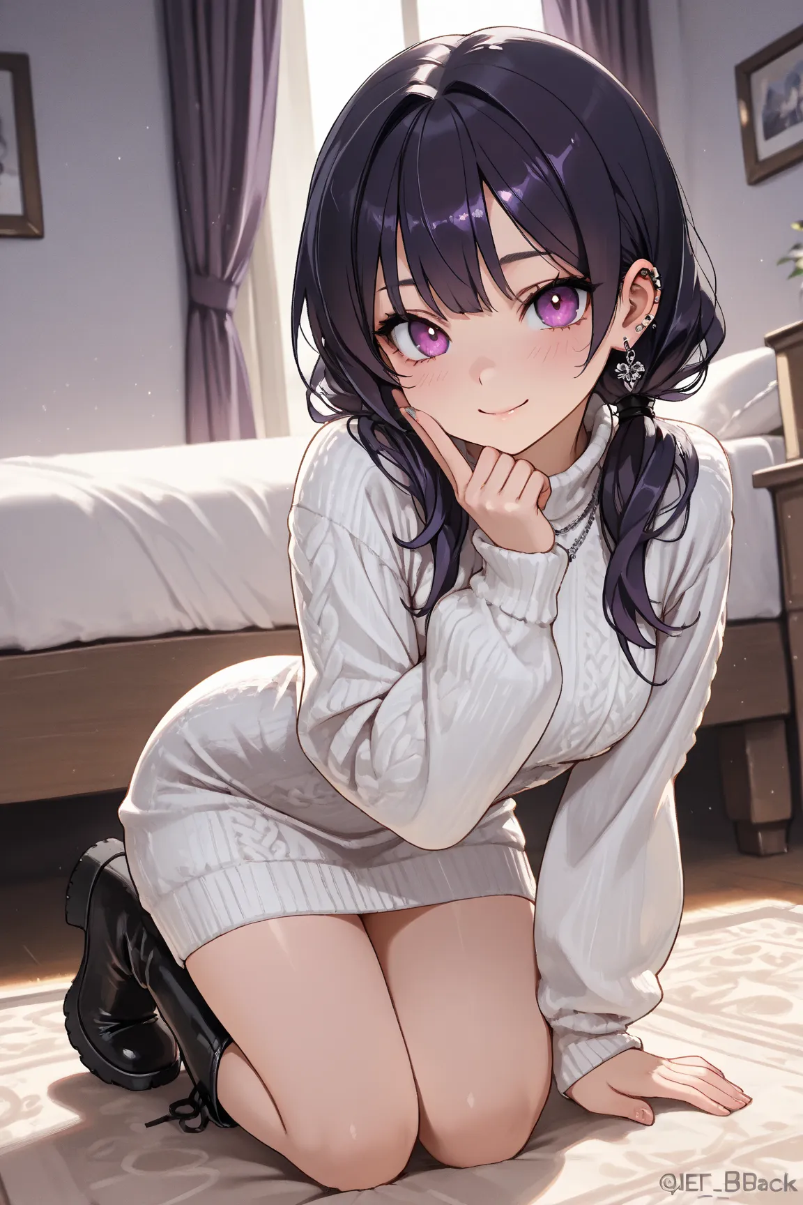  masterpiece, top quality, best image quality,  earrings all over the ear, focus on her face,  lots of piercings, ((one girl)), ((Jet black hair)), ((beautiful black hair)), ((some dark purple hair)), Half Twin Tails, ((purple eyes)),  beautiful eyes, beau...