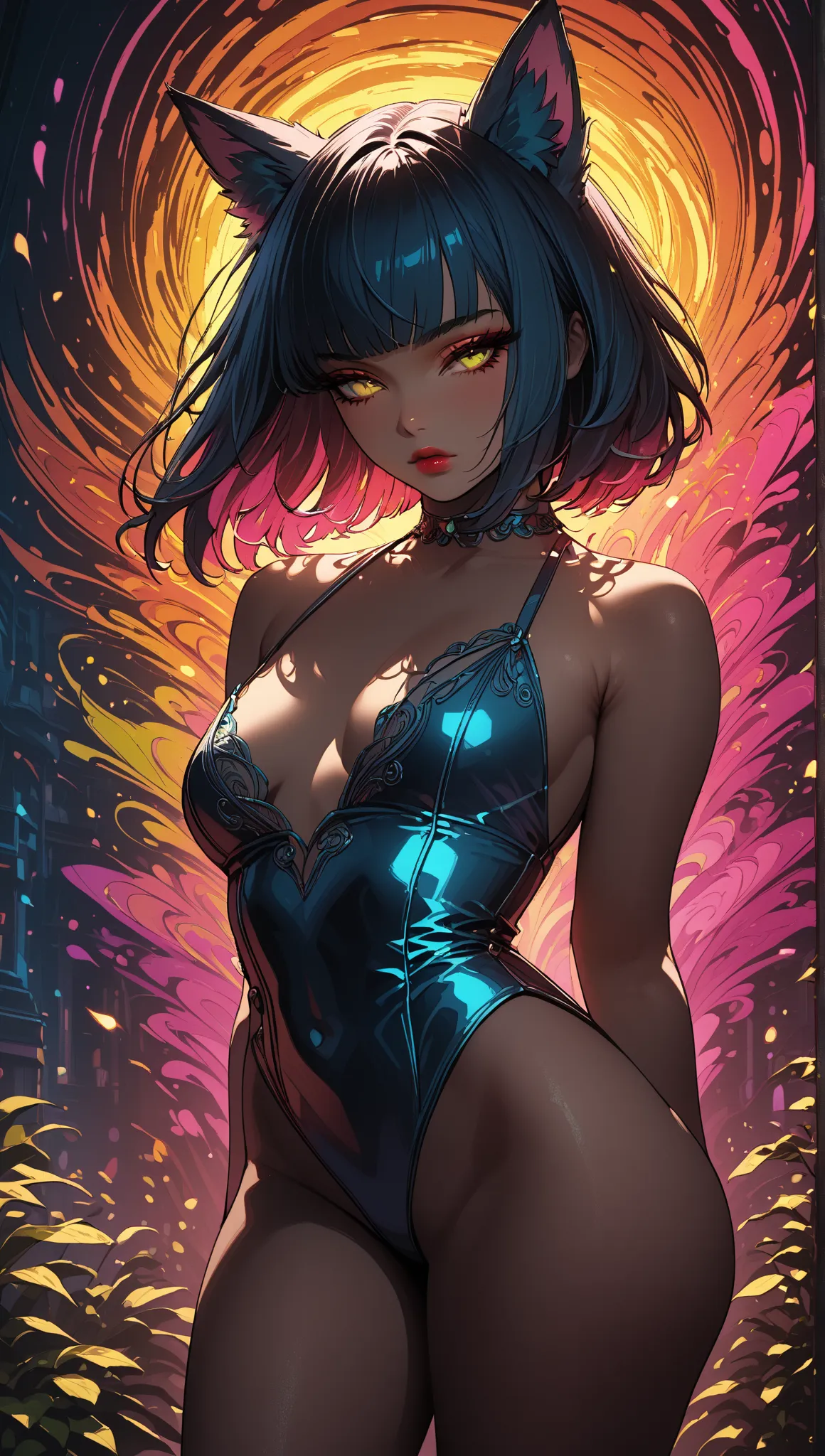 (masterpiece, best quality), alluring, sexual, japanese woman, solo, masterpiece, artstation, dynamic, charming, magical, unreal engine, fantastically beautiful, illustration, dramatic lighting, rave background, neon glow, maximalist, ahri, nsfw, huge brea...