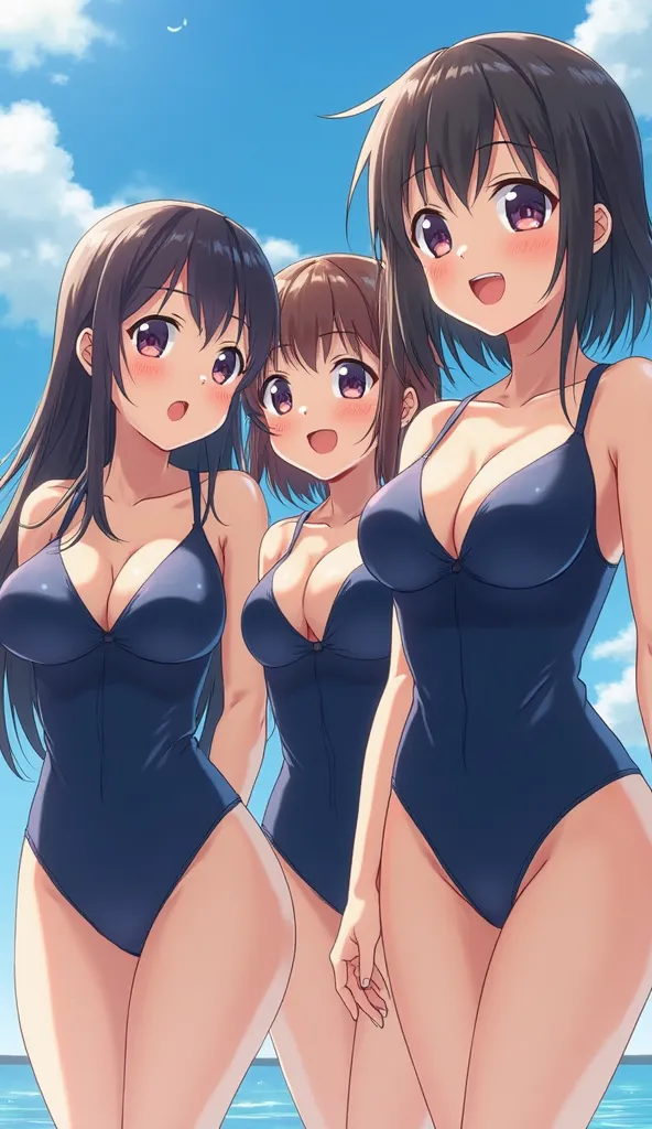  Ultra HD photo , 3 high school girls, (Regulated navy blue one-piece swimsuit, school swimsuit), gigantic breasts, Big breasts, Mega , Big breasts,   plentiful breasts   , watching the spectator,   smile, blush