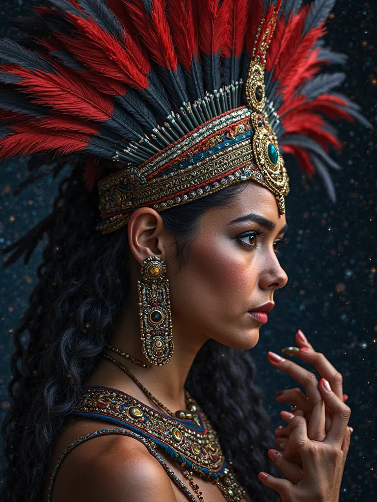 Create an image. #realistic # ArtSea Infinity . (HD) (32k) vibrant colors. Ultra detail of an Aztec scene:

Portentous Aztec warrior god. And warrior goddess beautiful Aztec woman. With plume of red and black feathers. shiny earrings. seashell necklace. Re...