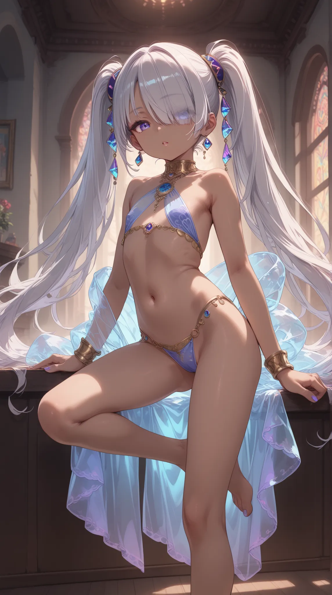 silver hair, bright hair, very long hair, blue purple eyes, hair over one eye, left eye is hidden, twintails, slender, dark skin, flat chest, focus boob, nude, half undress, indoors, raising one leg, shirtless, spread legs, vulgarity, see-through, bellydan...