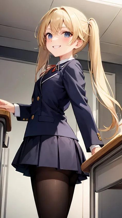 {{{low angle}}},{{{looking up}}},{{{navy uniform  blazer}}},{{{mini skirt}}},{{{black pantyhose}}},{{{masterpiece}}},{{{best quality}}},{{super detailed}},{{very delicate and beautiful}},{{blond hair}},{{{blond with a big face}}},{{{short twintail}}},{{sma...