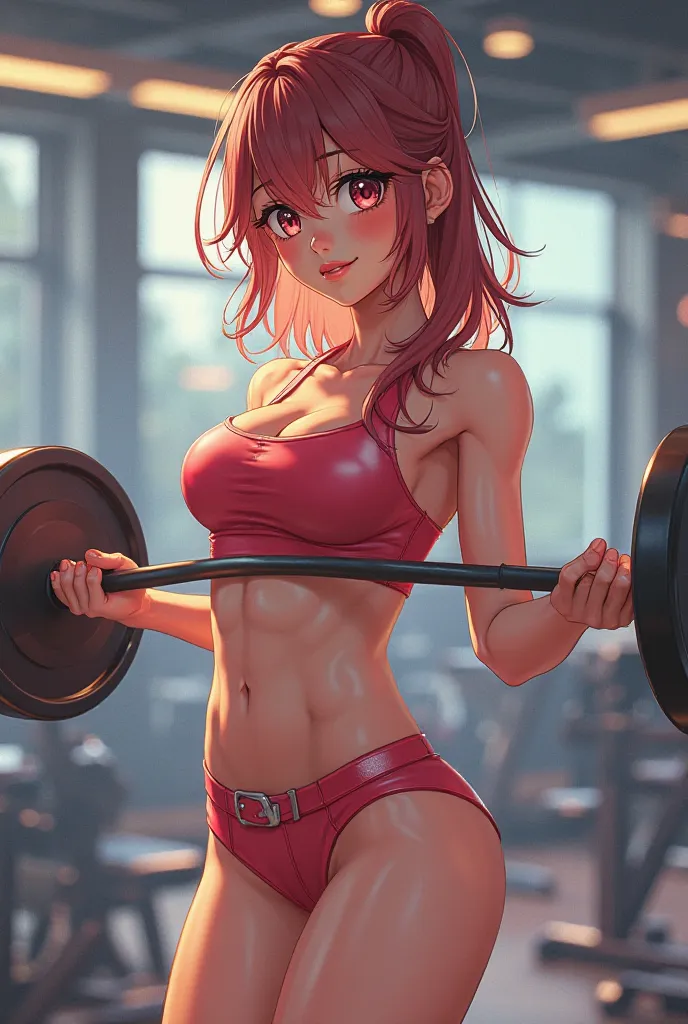 Hande is an anime girl who looks like jam and is in the gym with big abs and calf 