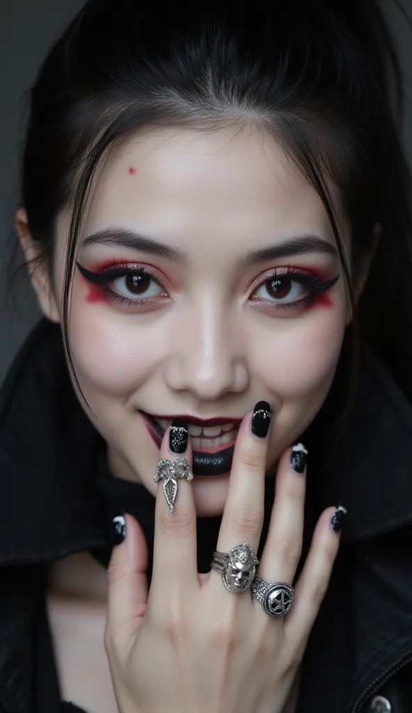 Beautiful Female Asian vampire face photo, black/ white fingernails, crooked smile revealing long sharp incisor fangs,black lipstick, red eye makeup, solid white skin, black hair in a tight bun, high triangular collar over the back of her head, many silver...