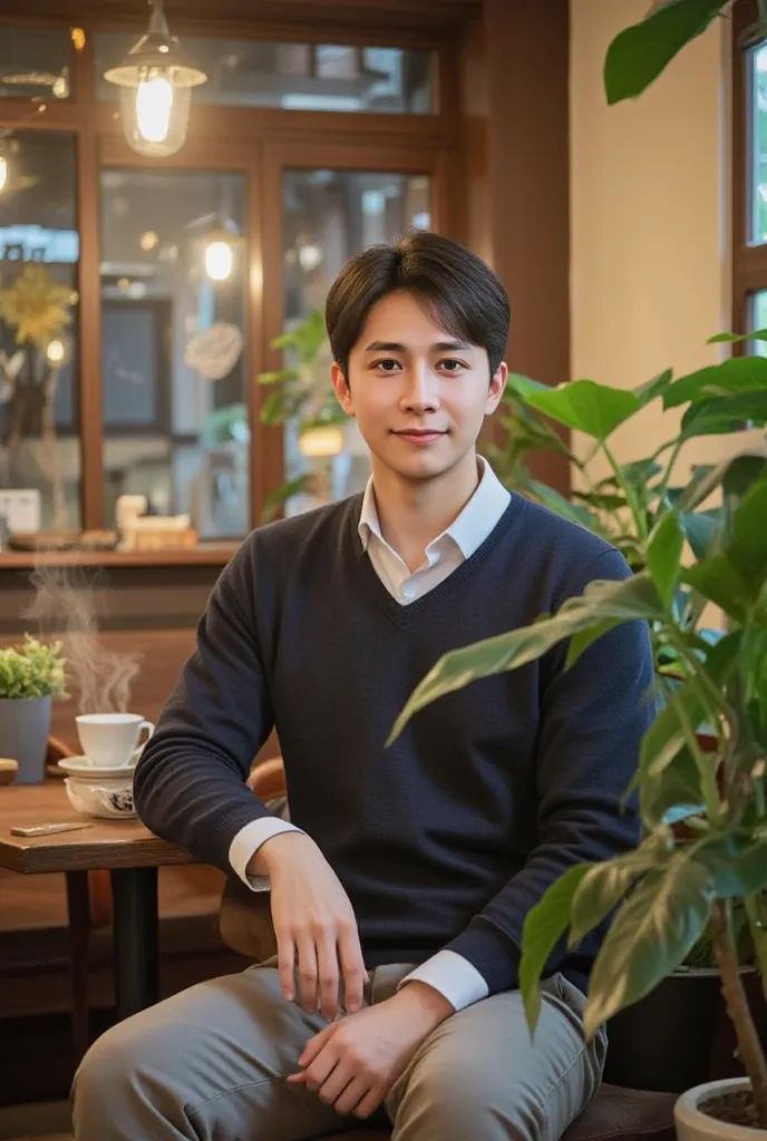 1 A smiling 20 year old Vietnamese man wearing long pants, shirt and sweater is sitting and posing for the camera in a Vietnamese coffee shop