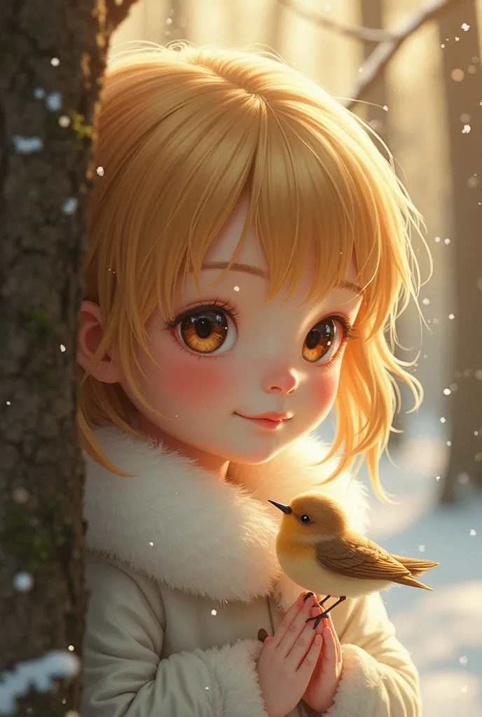 (masterpiece、 top quality)、((Refined Collage Forest Hide and Seek、Fluffy Golden Hair、First Snow Particles　Soft Breeze　 Smile)、( round amber eyes、Detailed pupil、 perfect face、shining eyes 、  reflection )、(sharp concentration、Eyes Blending in Soft Light、Rais...