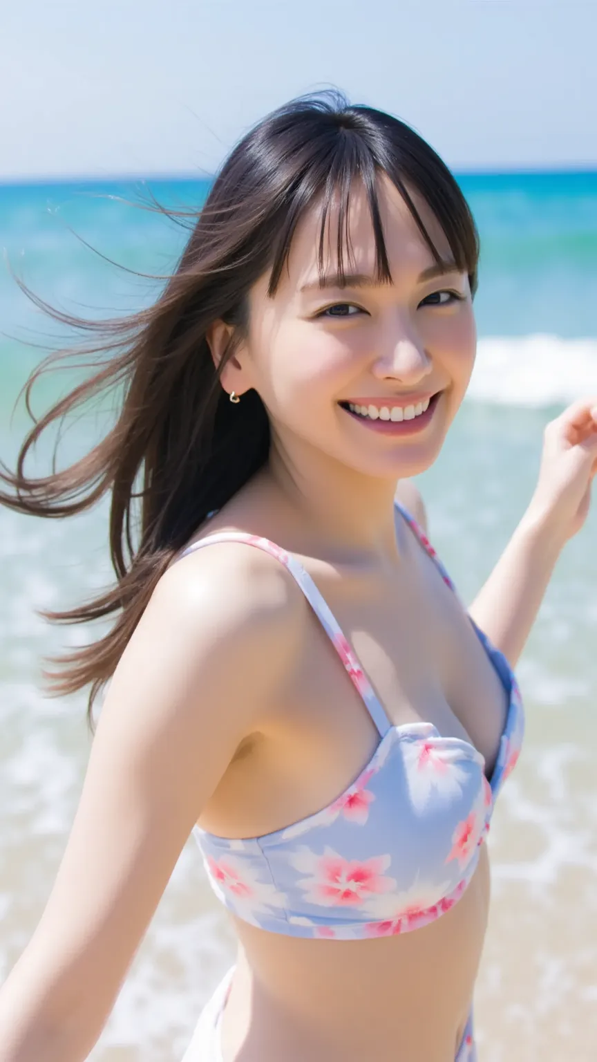 Portrait of an 18-year-old girl frolicking at the edge of the waves in a micro bikini、Chest Valley、Between the breasts、Upper breast、Underboob、face close-up、Very bright natural light 、A big toothy smile、Jet black hair、bungs、very long hair、Color of Passion 、...