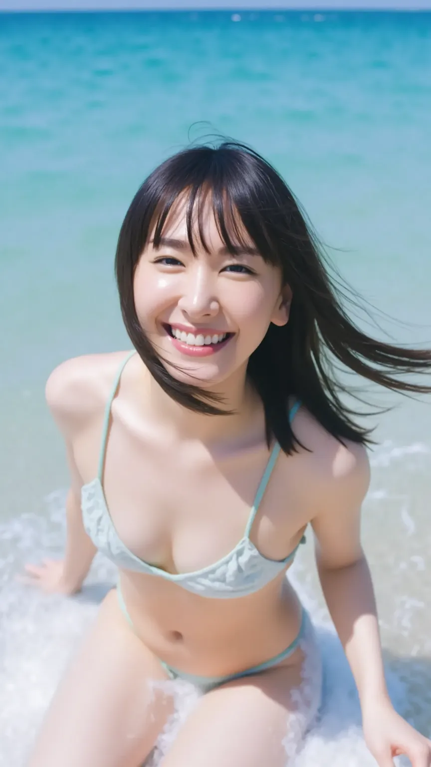 Portrait of an 18-year-old girl frolicking at the edge of the waves in a micro bikini、Chest Valley、Between the breasts、Upper breast、Underboob、face close-up、Very bright natural light 、A big toothy smile、Jet black hair、bungs、very long hair、Color of Passion 、...