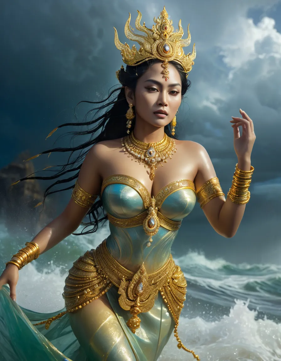 in a dynamic image, a burmese queen from ancient times, emerges from a violent storm in the ocean. gold ornaments and diamond jewels. her body is translucent and luminousHigh Resolution, Large breasts, portrait full body, Looking at side 