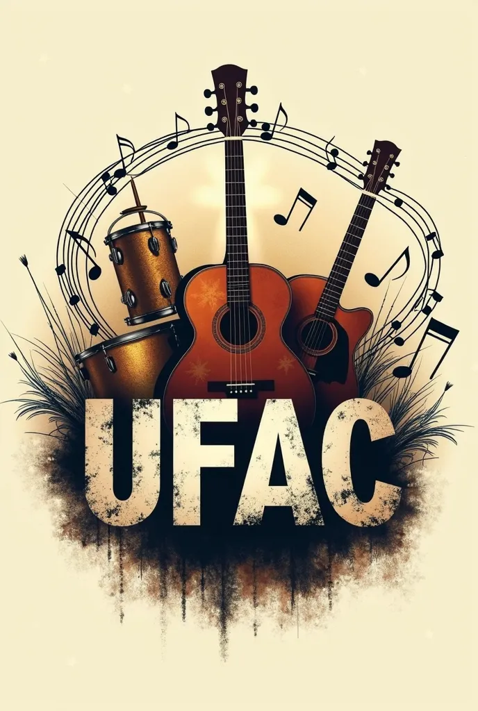 A logo of a band but that is not very common, the band is called UFAC which means, union, Force and Action in Christ. I want him to have some percussion instruments degrading into musical notes 