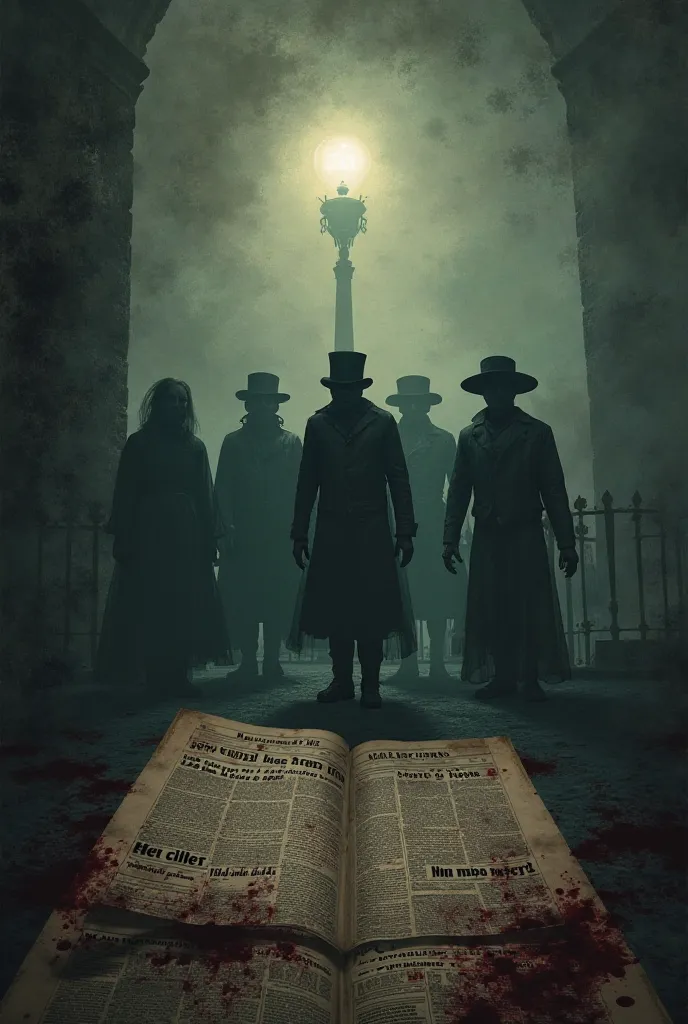 (Ilustración realistic, estilo cinematic, Victorian era, imagen sombría de cinco  dark silhouettes  representando víctimas en un fondo nebuloso, con manchas de blood en el suelo. in the foreground, an old newspaper clipping from 1888 with worn headlines th...