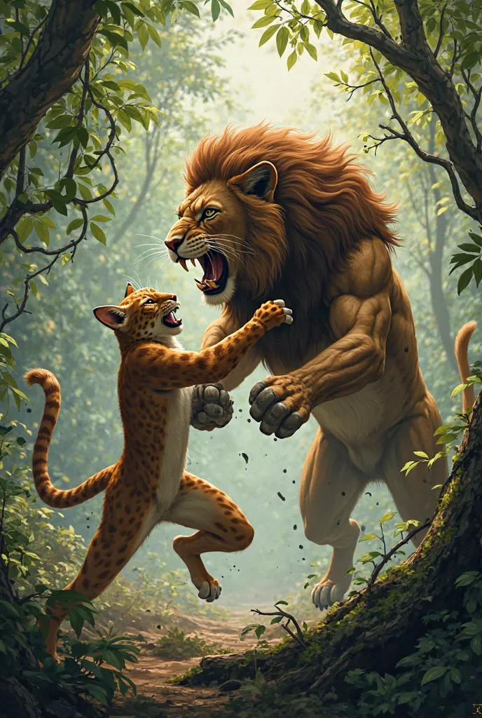 A cat and a lion fight in a jungle