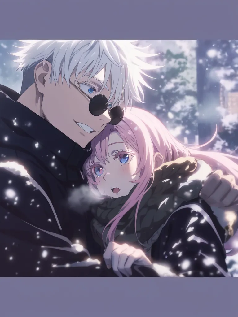 a handsome man with white hair, pale skin, blue eyes, thick eyelashes, a woman with pink hair, pink eyes, innocent features, fair skin,الألوان الطيفة, الرومانسية, انمي ستايل انمي حود واضحه و غليضه 