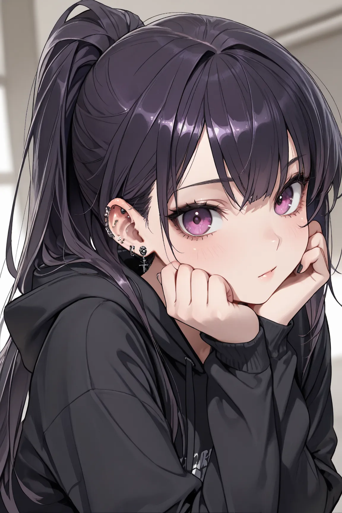  masterpiece, top quality, best image quality,  earrings all over the ear, focus on her face, focus on upper body,  lots of piercings, ((one girl)), ((Jet black hair)), ((beautiful black hair)), ((some dark purple hair)), ponytail, ((purple eyes)),  beauti...