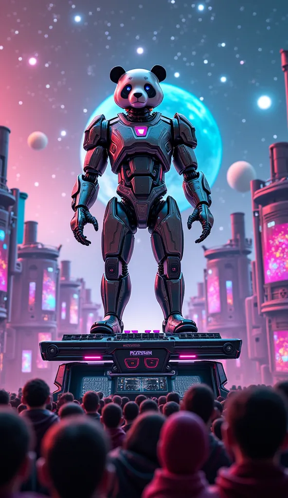 Panda-Tron standing in a futuristic DJ booth, surrounded by stars and planets, with a galaxy-spanning crowd of aliens dancing to his music, and a massive sound system pulsating with energy."