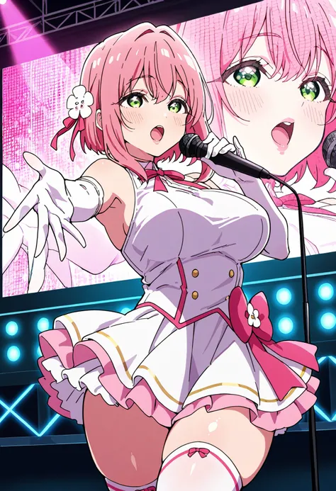 Score_9, score_8_up, score_7_up, source_anime, Hakari Hanazono, solo, pink hair, green eyes, hair ornament, hair flower, short hair, large breasts, thick thighs, (best quality), (high quality), {masterpiece}, extremely delicate and beautiful, ultra-detaile...