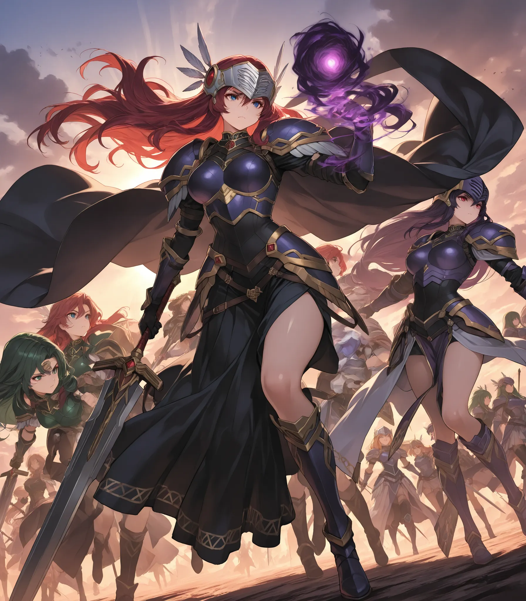 5girls, a group of 5 anime warrior girls valkyries, Valkyrie Profile,large cape, wasteland, Wearing a dark soft armor,big large bosom (inside armor's breastplate), broadsword on her hand,serious, curvy body, milf's hips, They're cavalry (but rides a wolf),...