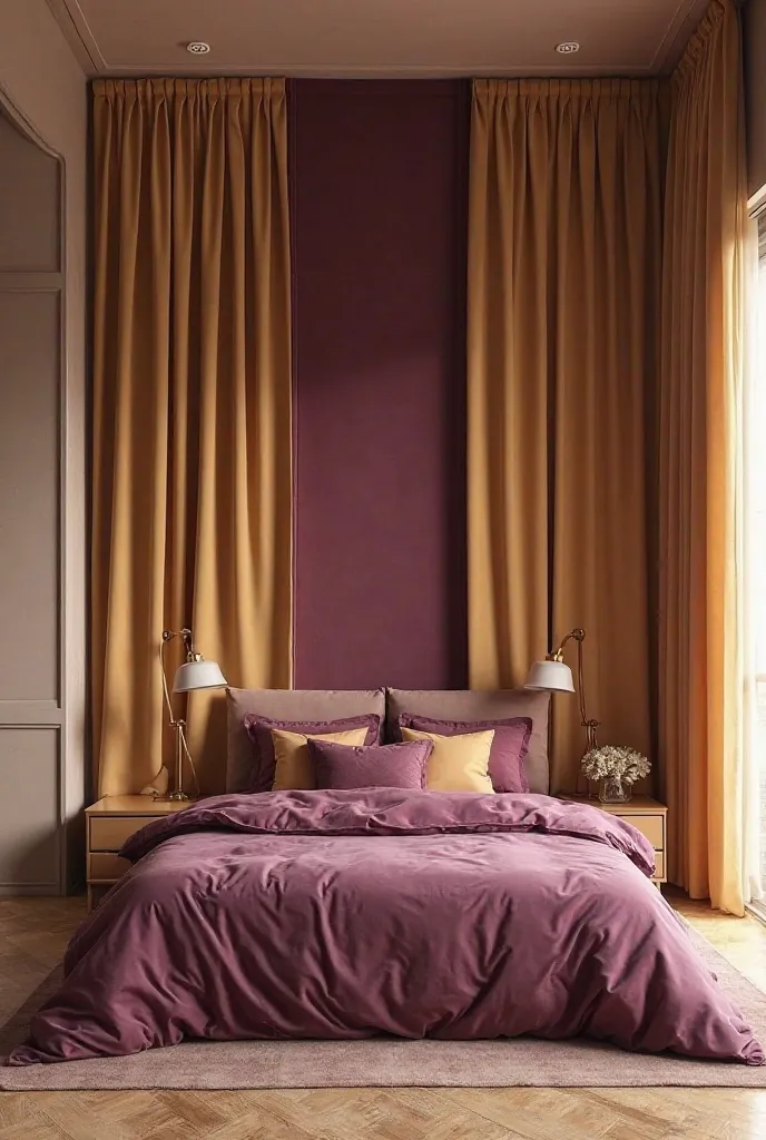 The bedroom design has a beige and gold floor, the walls are pure beige, the curtains are two pieces of gold and a burgundy piece in the middle and the bed is covered with a purple duvet