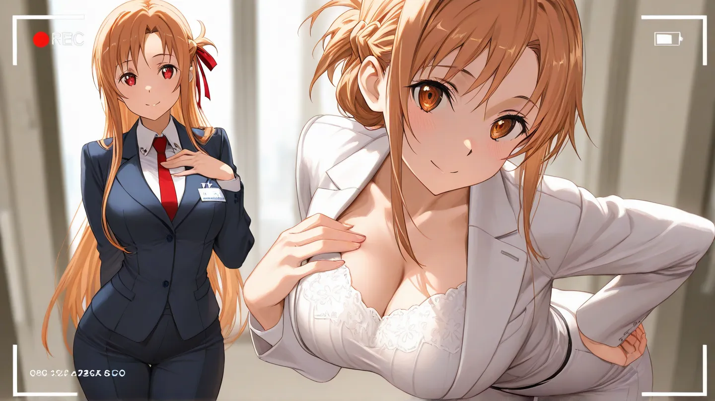 masterpiece, top quality, details, 8k, 4K, High Resolution,   (viewfinder:1.4)、(Sword Art Online Asuna )、 office、 white business suit、tight business suit、Chest Valley、 Put Your Hand on Your Chest 、lean forward、viewers、Staring at Each Other、wink、Peace Sign