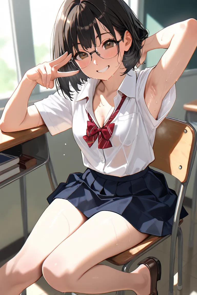 masterpiece, 8k, school, shoes, bare feet, bob hair, black hair, high school uniform, short sleeves shirt, ribbon tie, glasses, (sitting:1.5), 1girl, sweaty armpits, thin chests, small breasts, cleavage, close-up body, Dynamism, unrealistic beauty, enchant...