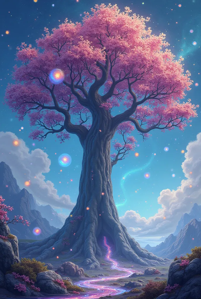 A giant tree with shiny leaves
It changed tones when blinking.
Globes of light floated slowly,
with dreams inside, ready to travel. in animated