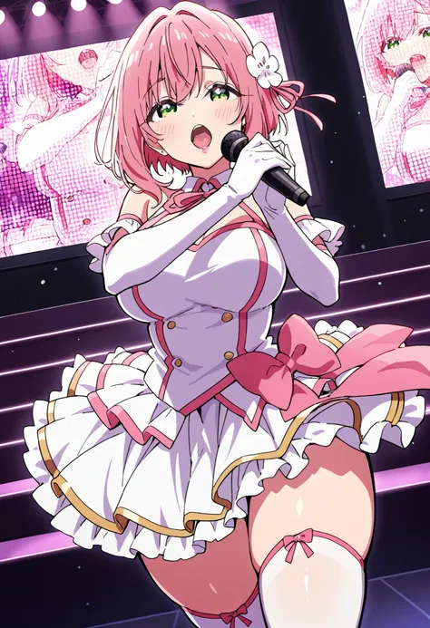 Score_9, score_8_up, score_7_up, source_anime, Hakari Hanazono, solo, pink hair, green eyes, hair ornament, hair flower, short hair, large breasts, thick thighs, (best quality), (high quality), {masterpiece}, extremely delicate and beautiful, ultra-detaile...