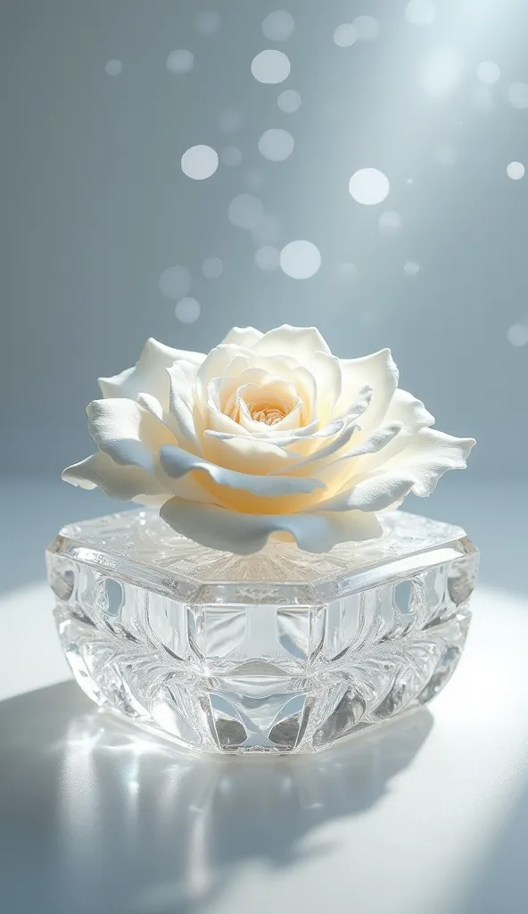 High quality 4K,  8k resolution, masterpiece, Super Detail, Photographically Realistic, glass transparent white jewelry box with fantastic glowing background,  is shining, very beautiful, Delicate carving, Shining Jewels,  Luxurious Design , studio shot, w...