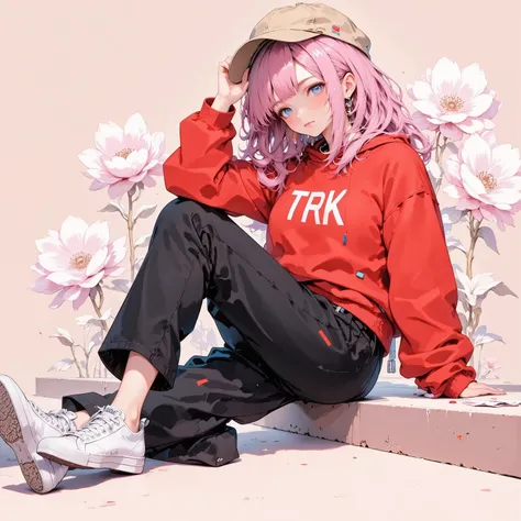A stylish young anime girl with long, soft wavy pink hair and deep blue eyes sits casually in a relaxed pose. She wears a vibrant red hoodie with "TRK" text on the front, a flowing black long skirt, and white sneakers. A beige cap sits atop her head, addin...
